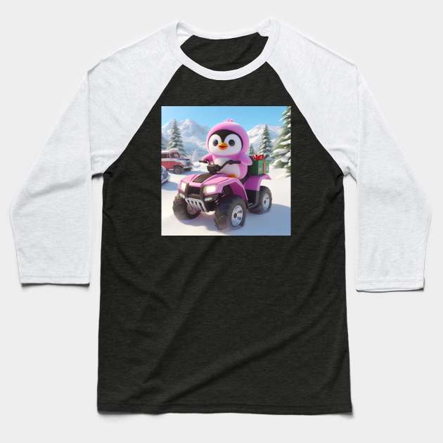 Penguin riding atv through snow Baseball T-Shirt by Cynrad